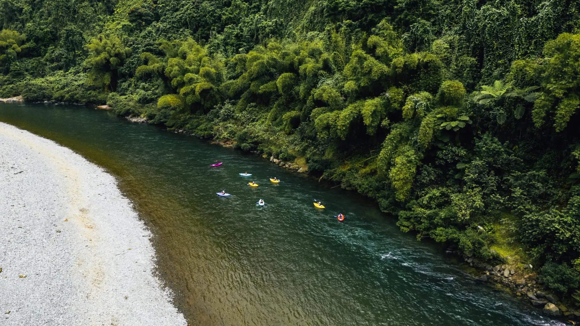 Aerial view of river kayakers